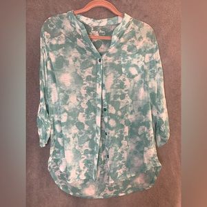 Coral bay size large women’s blouse/shirt, teal, and white pattern